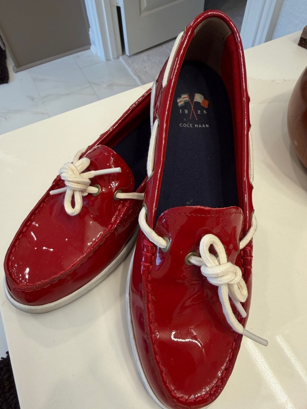 Cole Haan Red Patent Leather Deck Shoes with White Laces